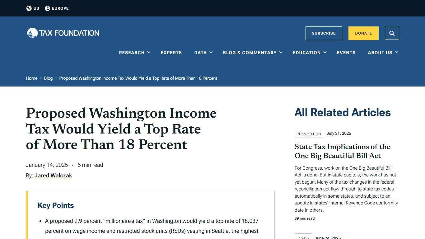Washington Income Tax Proposal Would Yield 18% Top Rate