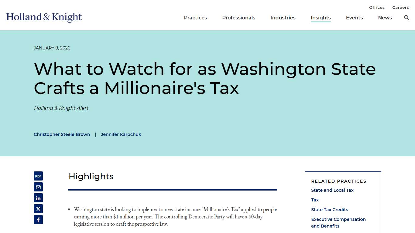 What to Watch for as Washington State Crafts a Millionaire's Tax | Insights | Holland & Knight