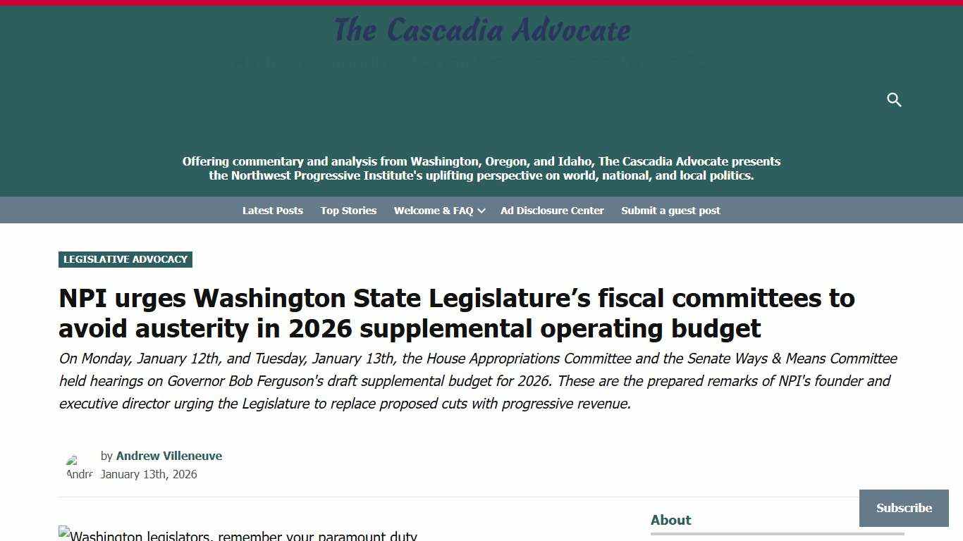 NPI urges Washington State Legislature's fiscal committees to avoid austerity in 2026 supplemental operating budget - NPI's Cascadia Advocate